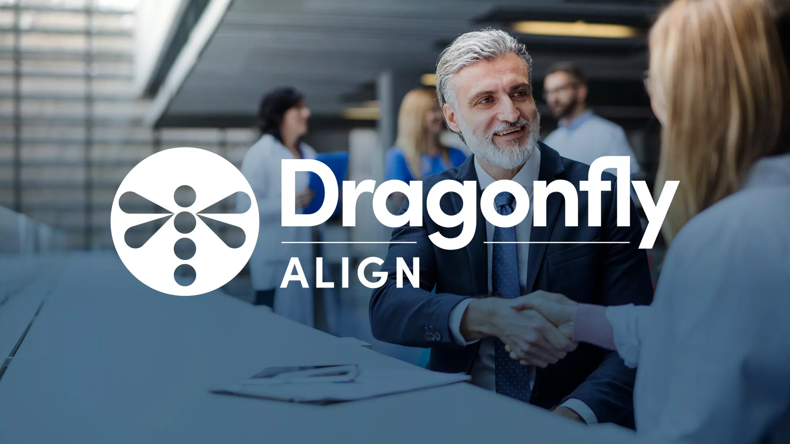 Dragonfly Align Logo above man and woman shaking hands